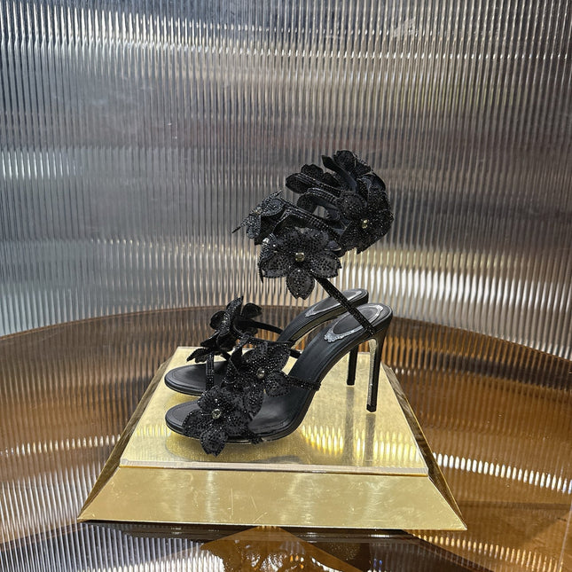 RENE CAOVILLA 26S FLORIANE HIGH HEELS 95 MM IN BLACK LAMBSKIN FLOWER EMBELLISHED STRAP