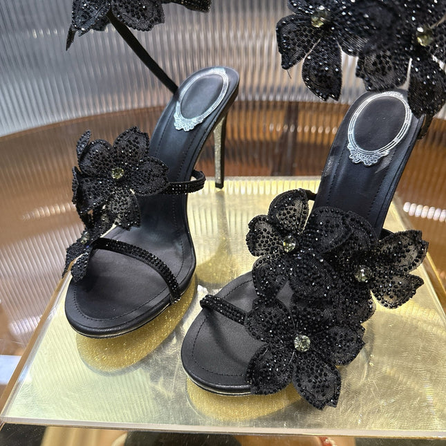 RENE CAOVILLA 26S FLORIANE HIGH HEELS 95 MM IN BLACK LAMBSKIN FLOWER EMBELLISHED STRAP