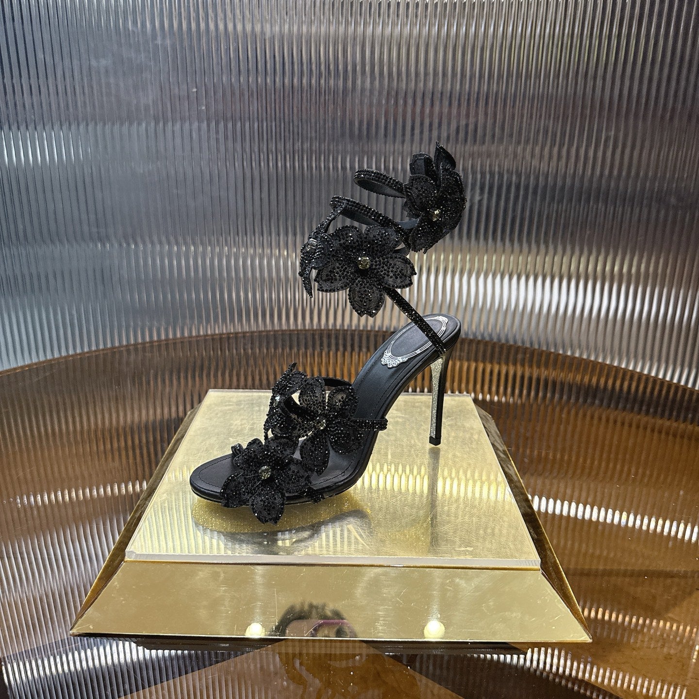 RENE CAOVILLA 26S FLORIANE HIGH HEELS 95 MM IN BLACK LAMBSKIN FLOWER EMBELLISHED STRAP