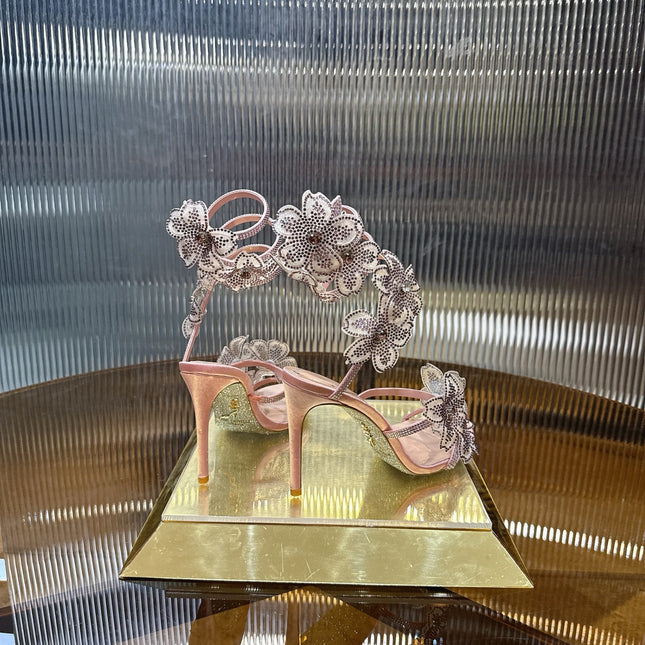 RENE CAOVILLA 26S FLORIANE HIGH HEELS 95 MM IN NUDE PINK LAMBSKIN FLOWER EMBELLISHED STRAP