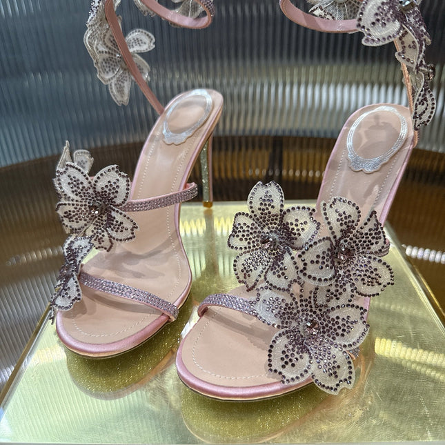 RENE CAOVILLA 26S FLORIANE HIGH HEELS 95 MM IN NUDE PINK LAMBSKIN FLOWER EMBELLISHED STRAP