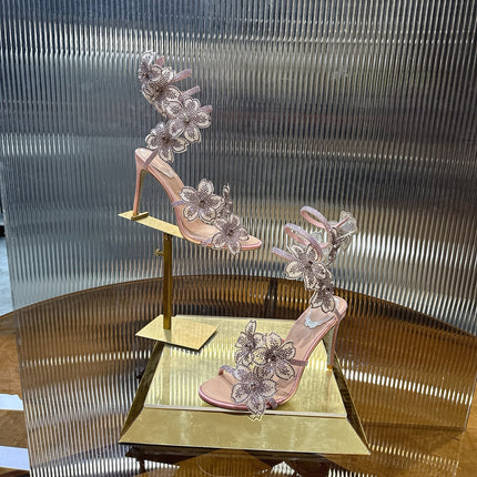 RENE CAOVILLA 26S FLORIANE HIGH HEELS 95 MM IN NUDE PINK LAMBSKIN FLOWER EMBELLISHED STRAP