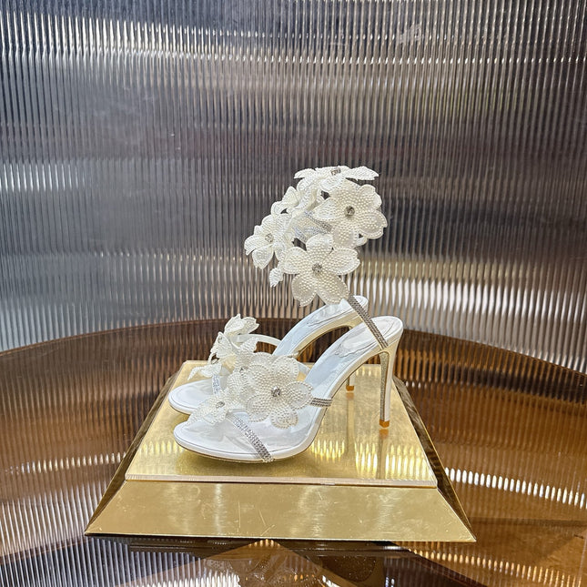 RENE CAOVILLA 26S FLORIANE HIGH HEELS 95 MM IN WHITE LAMBSKIN FLOWER EMBELLISHED STRAP