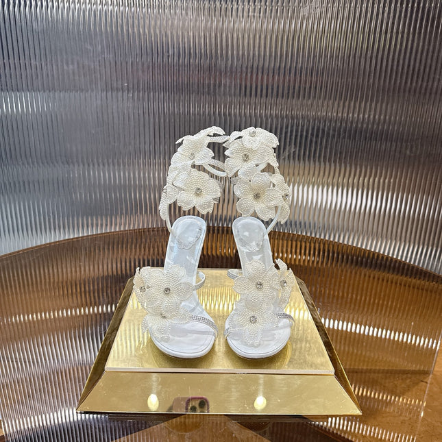 RENE CAOVILLA 26S FLORIANE HIGH HEELS 95 MM IN WHITE LAMBSKIN FLOWER EMBELLISHED STRAP