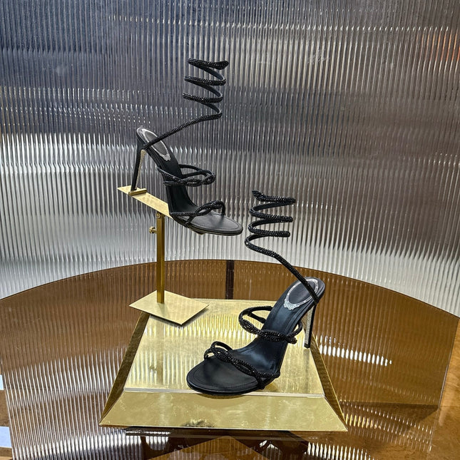 RENE CAOVILLA 26S CRYSTAL WRAP HEELS 95 MM IN BLACK LAMBSKIN