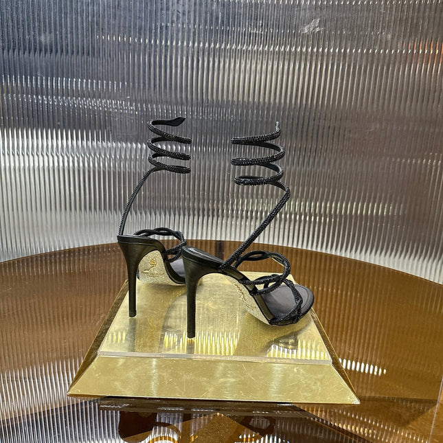 RENE CAOVILLA 26S CRYSTAL WRAP HEELS 95 MM IN BLACK LAMBSKIN