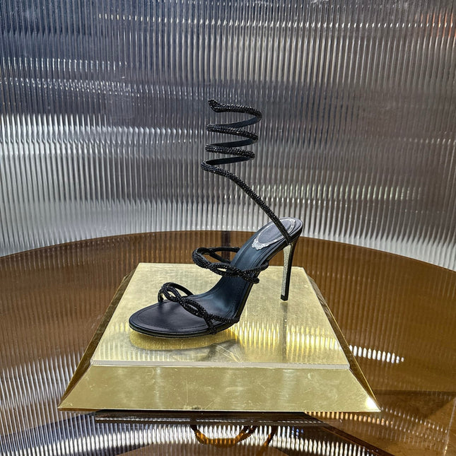 RENE CAOVILLA 26S CRYSTAL WRAP HEELS 95 MM IN BLACK LAMBSKIN