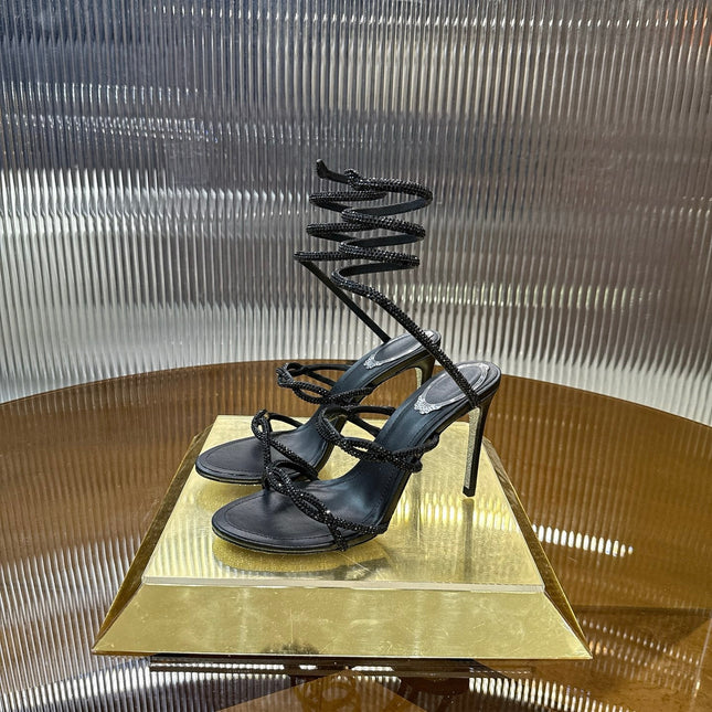 RENE CAOVILLA 26S CRYSTAL WRAP HEELS 95 MM IN BLACK LAMBSKIN