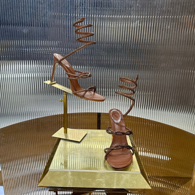RENE CAOVILLA 26S CRYSTAL WRAP HEELS 95 MM IN BROWN LAMBSKIN