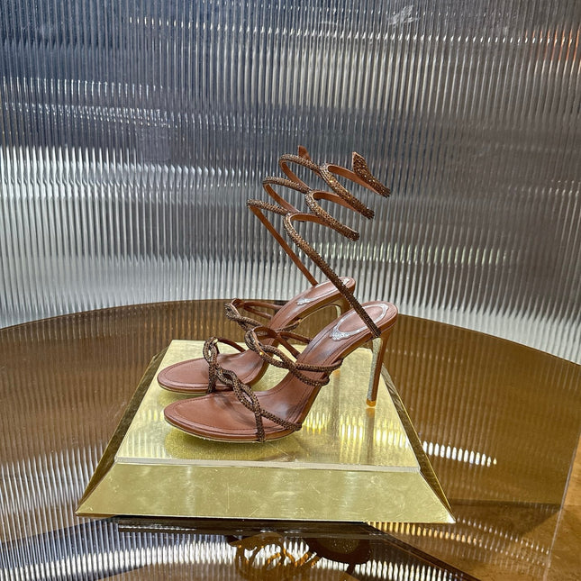 RENE CAOVILLA 26S CRYSTAL WRAP HEELS 95 MM IN BROWN LAMBSKIN