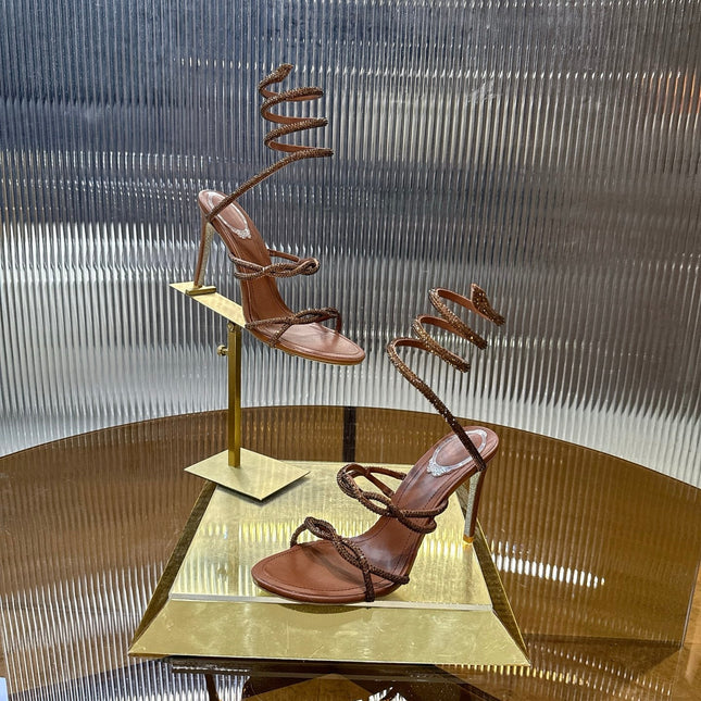 RENE CAOVILLA 26S CRYSTAL WRAP HEELS 95 MM IN BROWN LAMBSKIN