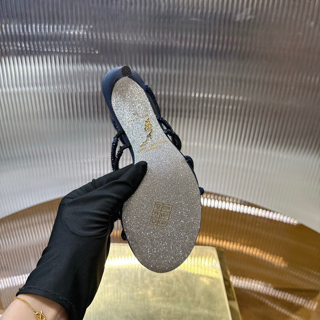 RENE CAOVILLA 26S CRYSTAL WRAP HEELS 95 MM IN DARK BLUE LAMBSKIN