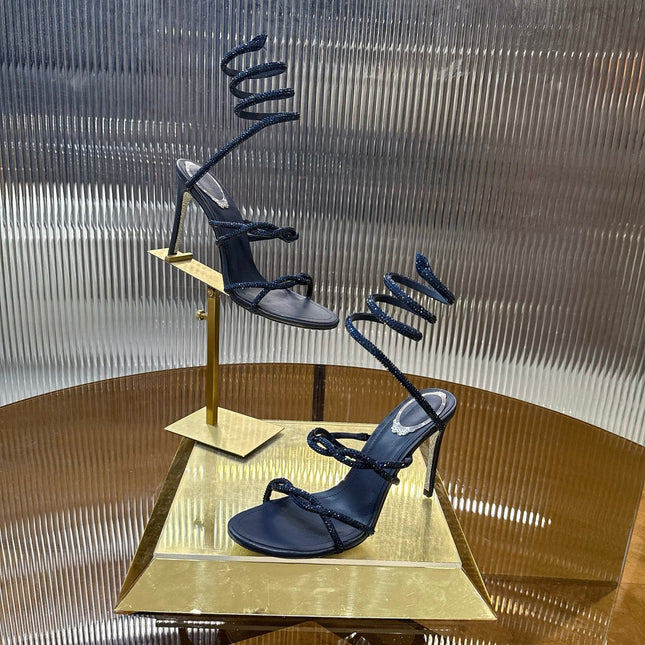 RENE CAOVILLA 26S CRYSTAL WRAP HEELS 95 MM IN DARK BLUE LAMBSKIN