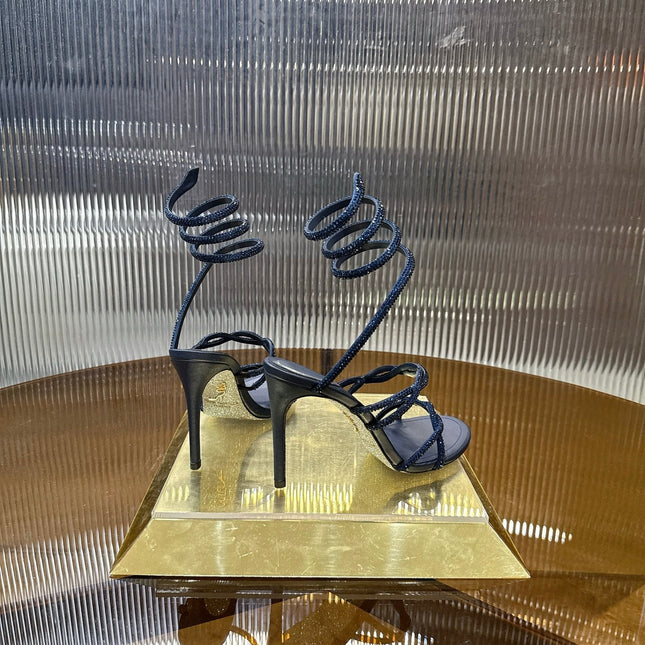 RENE CAOVILLA 26S CRYSTAL WRAP HEELS 95 MM IN DARK BLUE LAMBSKIN