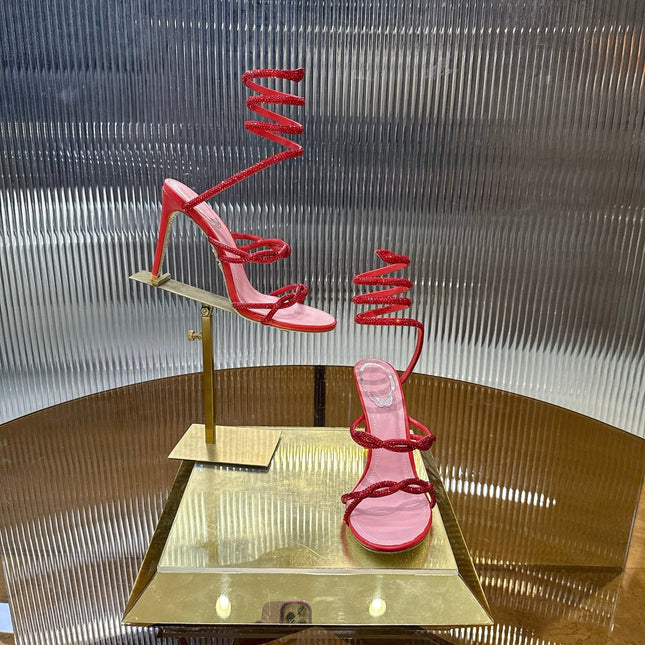 RENE CAOVILLA 26S CRYSTAL WRAP HEELS 95 MM IN RED LAMBSKIN