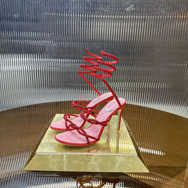 RENE CAOVILLA 26S CRYSTAL WRAP HEELS 95 MM IN RED LAMBSKIN