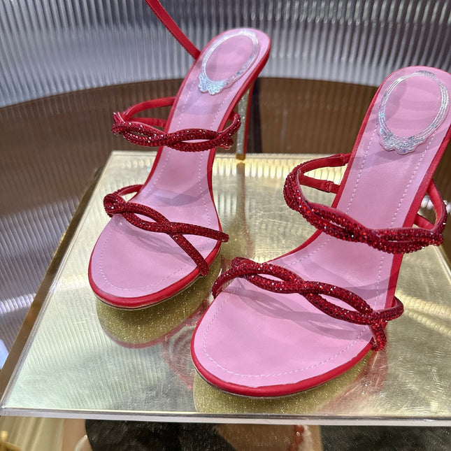 RENE CAOVILLA 26S CRYSTAL WRAP HEELS 95 MM IN RED LAMBSKIN