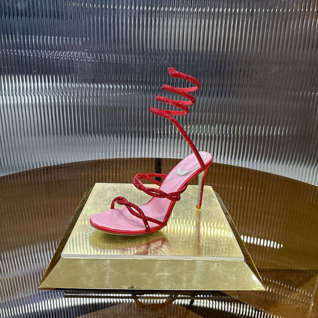 RENE CAOVILLA 26S CRYSTAL WRAP HEELS 95 MM IN RED LAMBSKIN
