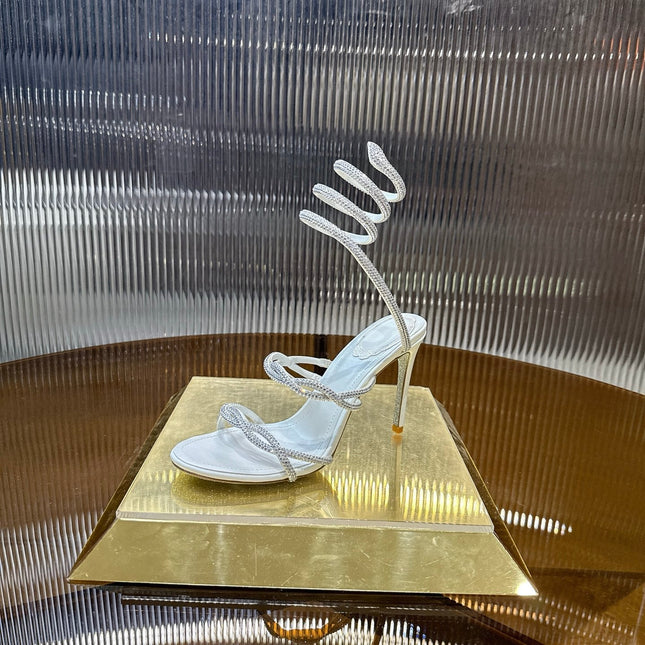 RENE CAOVILLA 26S CRYSTAL WRAP HEELS 95 MM IN WHITE LAMBSKIN