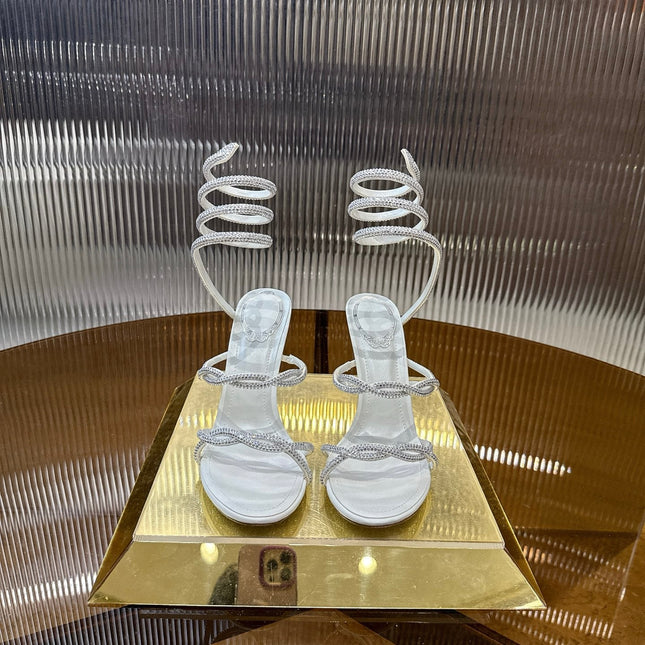 RENE CAOVILLA 26S CRYSTAL WRAP HEELS 95 MM IN WHITE LAMBSKIN