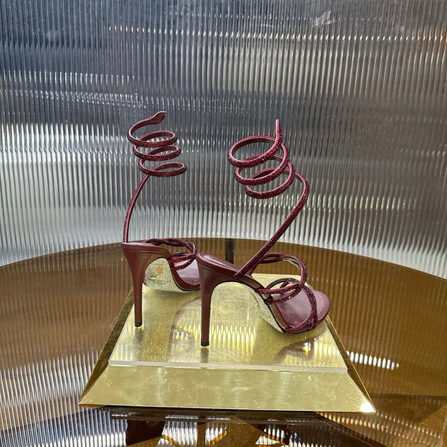 RENE CAOVILLA 26S CRYSTAL WRAP HEELS 95 MM IN DARK RED LAMBSKIN