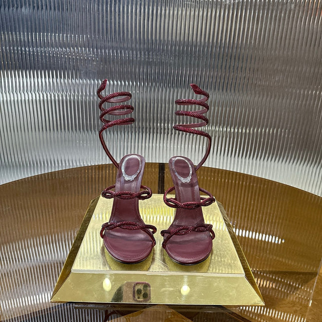 RENE CAOVILLA 26S CRYSTAL WRAP HEELS 95 MM IN DARK RED LAMBSKIN