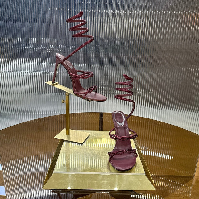 RENE CAOVILLA 26S CRYSTAL WRAP HEELS 95 MM IN DARK RED LAMBSKIN