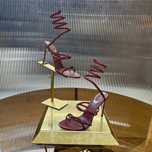 RENE CAOVILLA 26S CRYSTAL WRAP HEELS 95 MM IN DARK RED LAMBSKIN