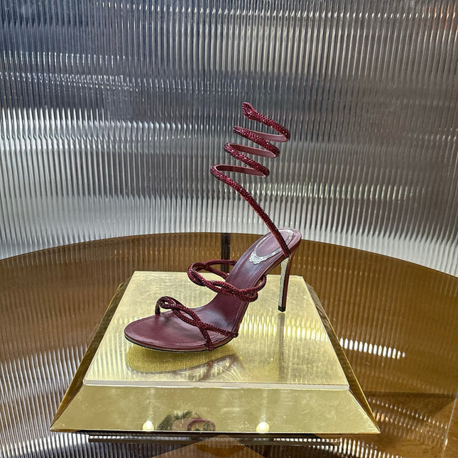 RENE CAOVILLA 26S CRYSTAL WRAP HEELS 95 MM IN DARK RED LAMBSKIN