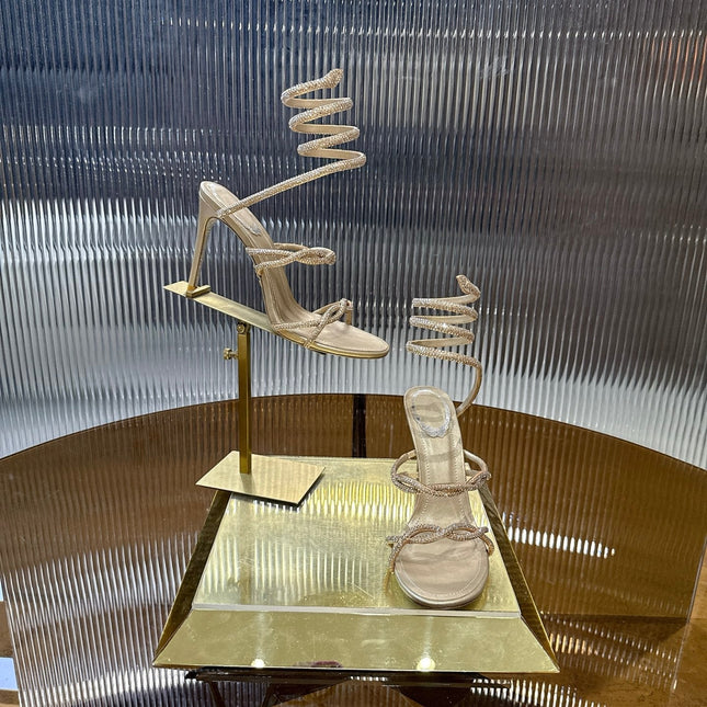 RENE CAOVILLA 26S CRYSTAL WRAP HEELS 95 MM IN LIGHT GOLD LAMBSKIN