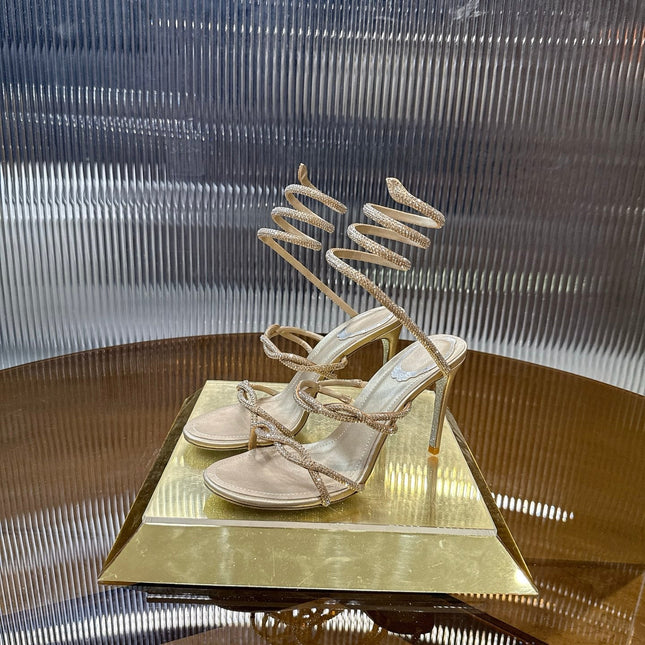 RENE CAOVILLA 26S CRYSTAL WRAP HEELS 95 MM IN LIGHT GOLD LAMBSKIN