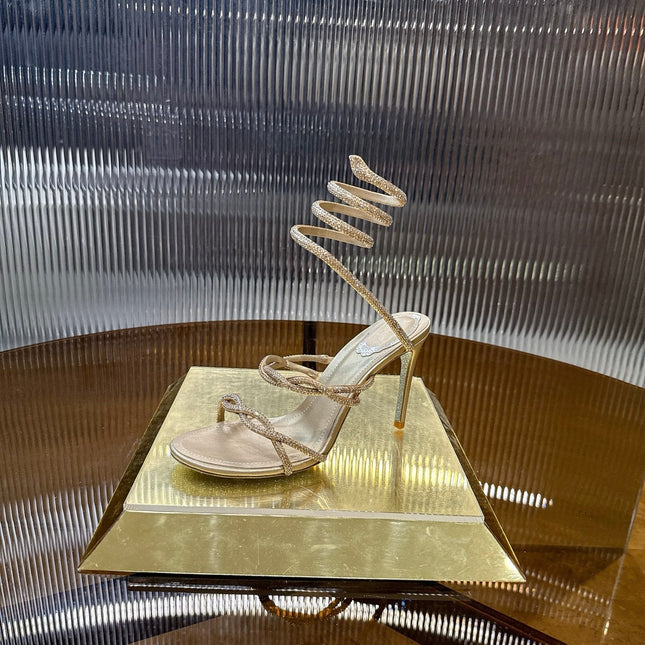 RENE CAOVILLA 26S CRYSTAL WRAP HEELS 95 MM IN LIGHT GOLD LAMBSKIN