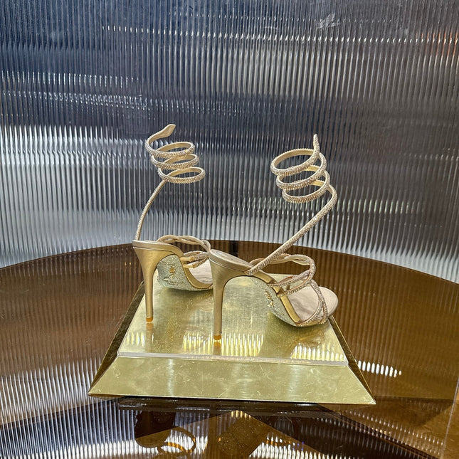 RENE CAOVILLA 26S CRYSTAL WRAP HEELS 95 MM IN LIGHT GOLD LAMBSKIN
