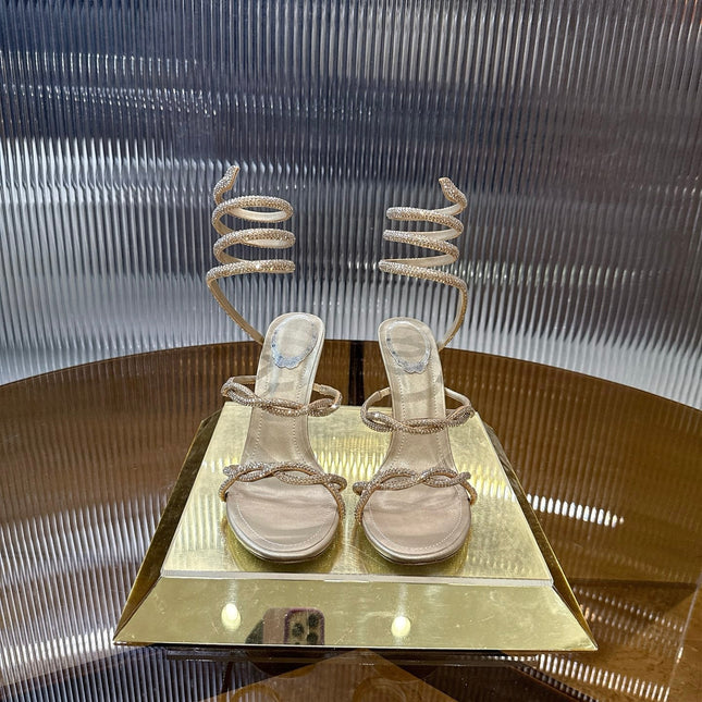 RENE CAOVILLA 26S CRYSTAL WRAP HEELS 95 MM IN LIGHT GOLD LAMBSKIN