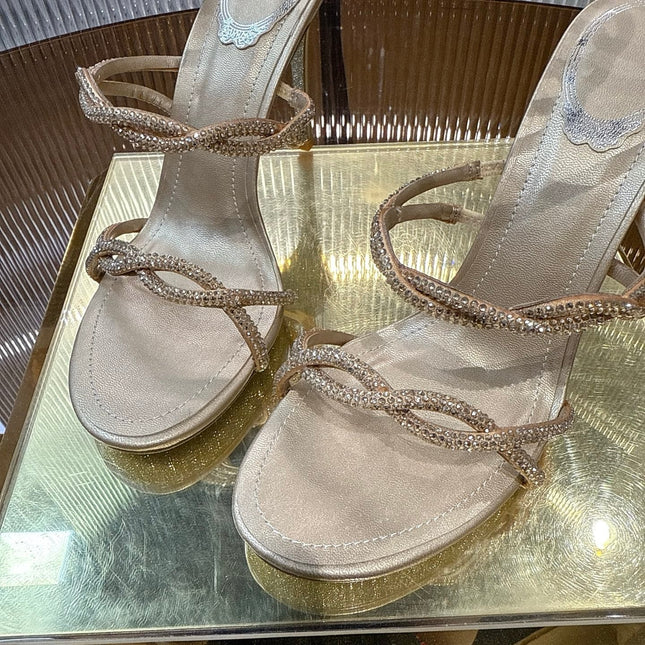 RENE CAOVILLA 26S CRYSTAL WRAP HEELS 95 MM IN LIGHT GOLD LAMBSKIN
