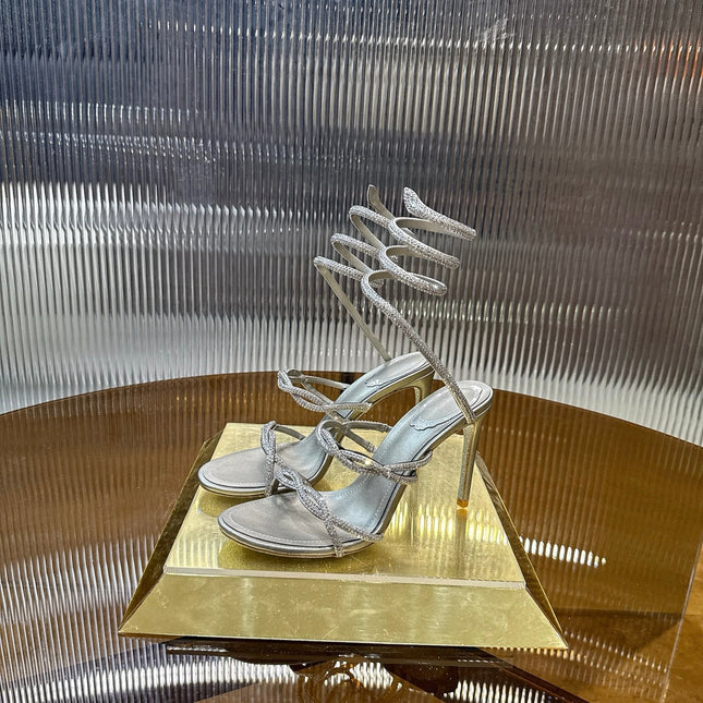 RENE CAOVILLA 26S CRYSTAL WRAP HEELS 95 MM IN SILVER LAMBSKIN