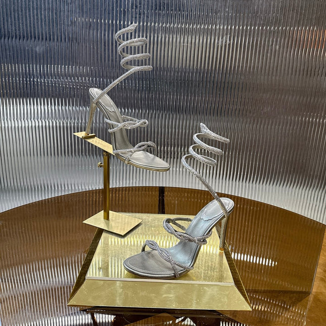 RENE CAOVILLA 26S CRYSTAL WRAP HEELS 95 MM IN SILVER LAMBSKIN