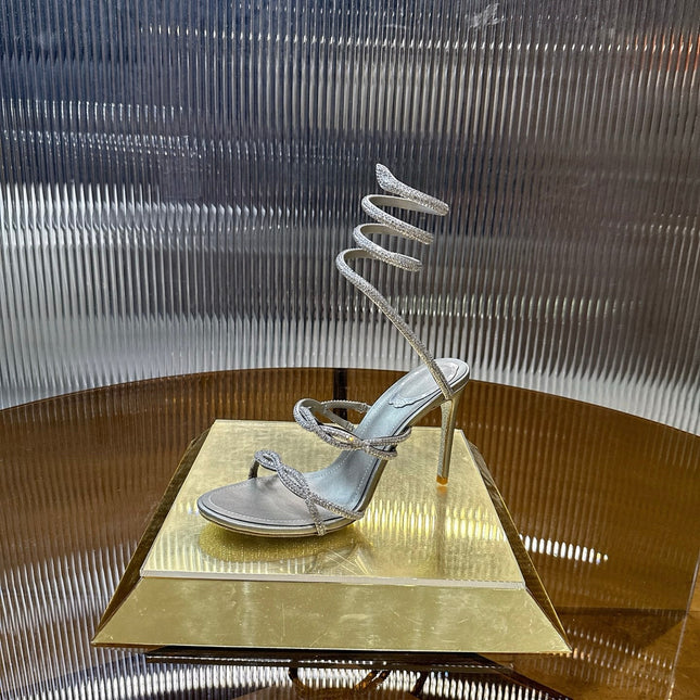 RENE CAOVILLA 26S CRYSTAL WRAP HEELS 95 MM IN SILVER LAMBSKIN