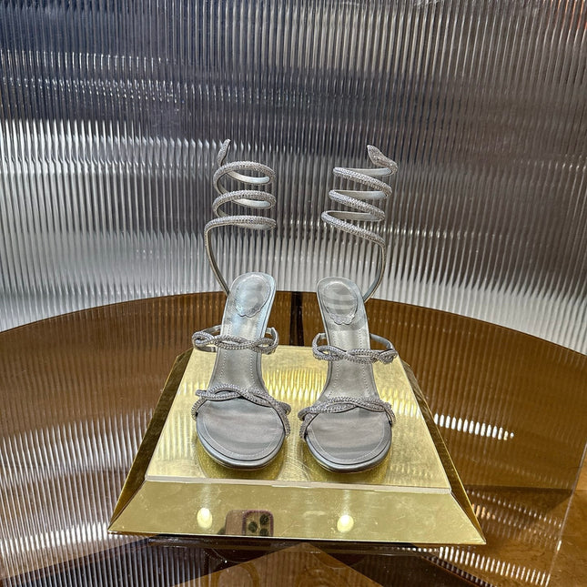 RENE CAOVILLA 26S CRYSTAL WRAP HEELS 95 MM IN SILVER LAMBSKIN