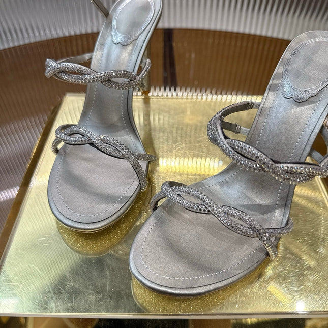 RENE CAOVILLA 26S CRYSTAL WRAP HEELS 95 MM IN SILVER LAMBSKIN