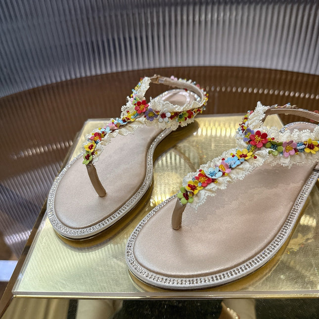 RENE CAOVILLA 26S THONG SANDALS IN BEIGE LAMBSKIN FLOWER STRAP