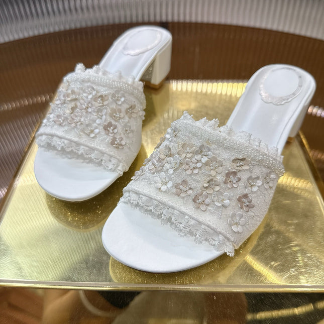 RENE CAOVILLA 26S HIGH HEEL SLIDES 45 MM IN WHITE LACE STRAP FLOWER EMBELLISHED