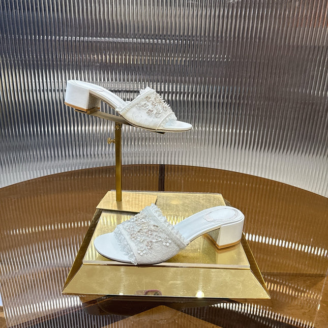 RENE CAOVILLA 26S HIGH HEEL SLIDES 45 MM IN WHITE LACE STRAP FLOWER EMBELLISHED