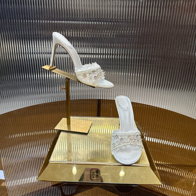 RENE CAOVILLA 26S HIGH HEEL SLIDES 75 MM IN WHITE LACE STRAP FLOWER EMBELLISHED