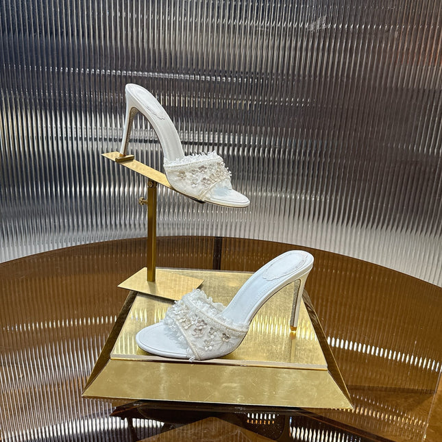 RENE CAOVILLA 26S HIGH HEEL SLIDES 75 MM IN WHITE LACE STRAP FLOWER EMBELLISHED