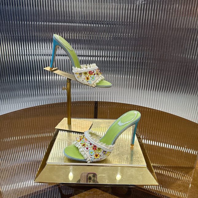 RENE CAOVILLA 26S HIGH HEEL SLIDES 75 MM IN MUTICOLOR LACE STRAP FLOWER EMBELLISHED