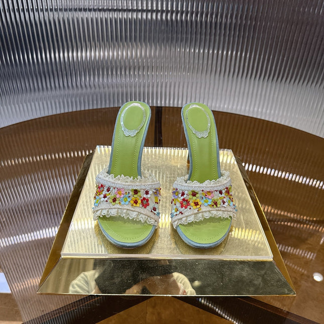 RENE CAOVILLA 26S HIGH HEEL SLIDES 75 MM IN MUTICOLOR LACE STRAP FLOWER EMBELLISHED