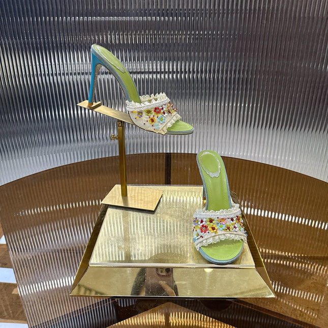 RENE CAOVILLA 26S HIGH HEEL SLIDES 75 MM IN MUTICOLOR LACE STRAP FLOWER EMBELLISHED