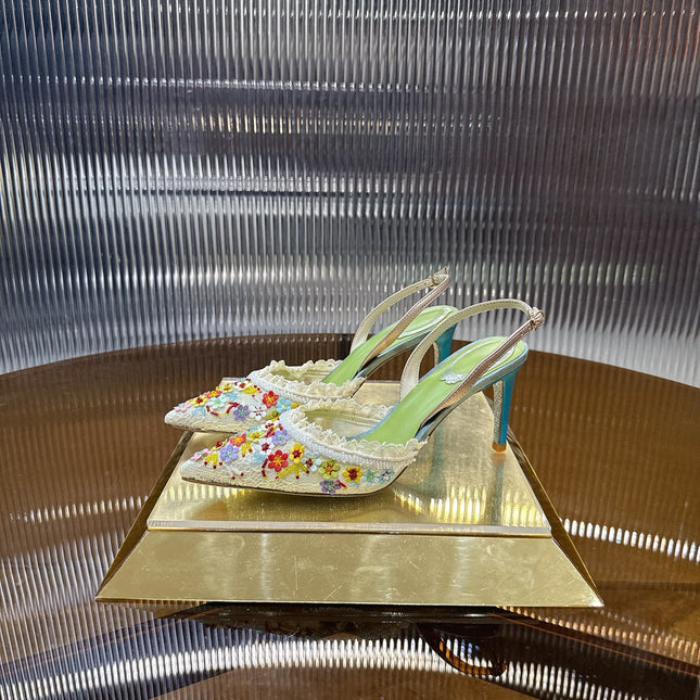 RENE CAOVILLA 26S SLINGBACK 75 MM IN MUTICOLOR LACE STRAP FLOWER EMBELLISHED