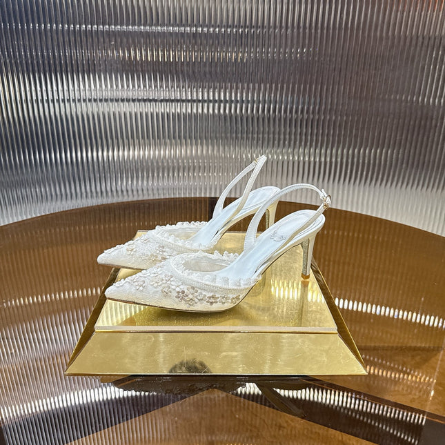 RENE CAOVILLA 26S SLINGBACK 75 MM IN WHITE LACE STRAP FLOWER EMBELLISHED